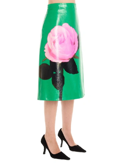 Shop Prada Rose Print Midi Skirt In Green