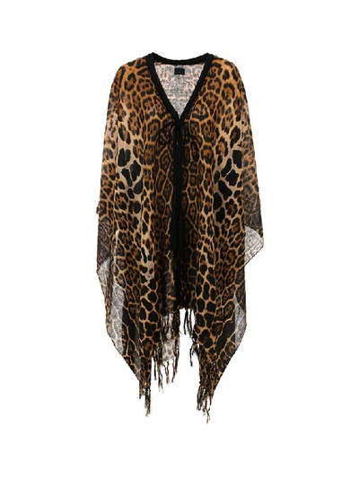 Shop Saint Laurent Fringed Leopard Printed Poncho In Multi