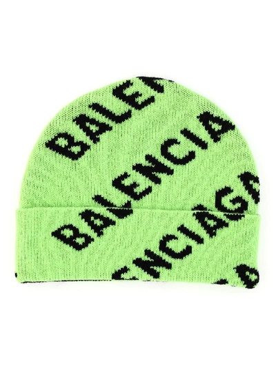 Shop Balenciaga Allover Logo Beanie In Green