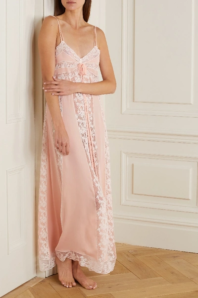 Shop Loretta Caponi Lace-paneled Silk-georgette Nightdress In Pink