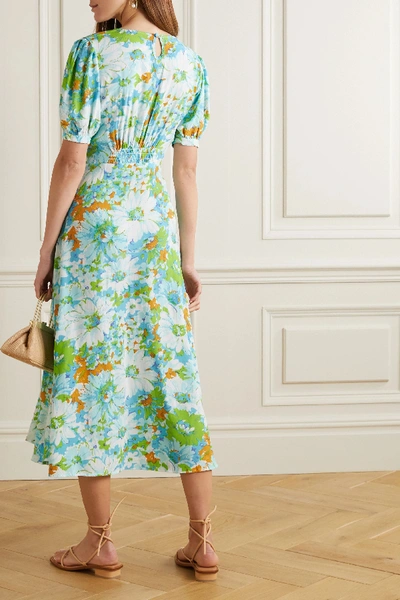Shop Faithfull The Brand + Net Sustain Beline Smocked Floral-print Crepe Midi Dress In Blue