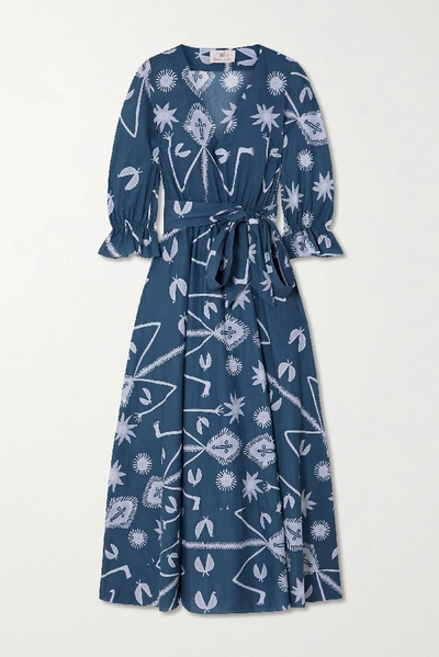 Shop Aross Girl X Soler Amanda Belted Printed Cotton-voile Maxi Dress In Blue