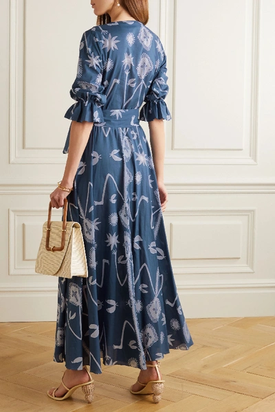 Shop Aross Girl X Soler Amanda Belted Printed Cotton-voile Maxi Dress In Blue