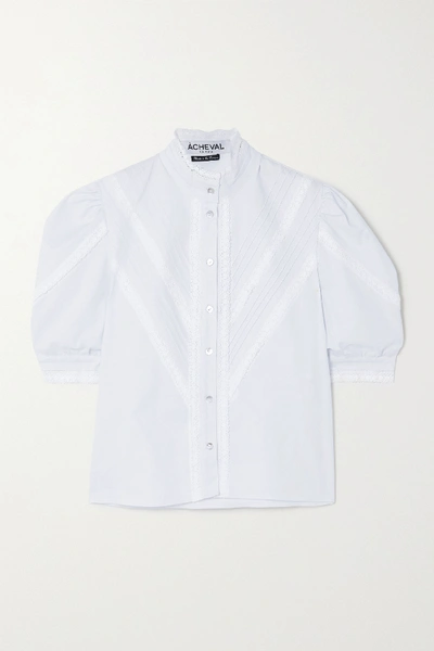 Shop Acheval Pampa Pleated Lace-trimmed Stretch-cotton Poplin Blouse In White