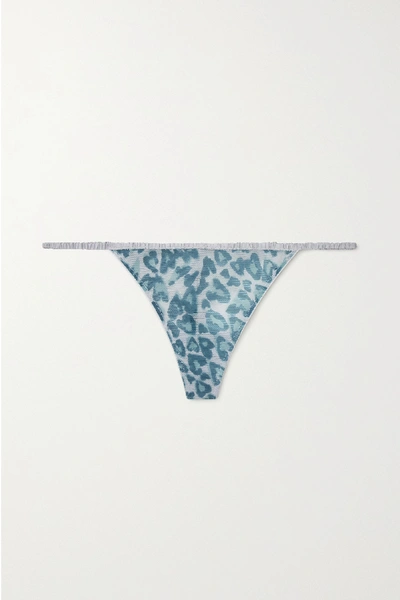 Shop Love Stories Room Service Satin And Lace-trimmed Leopard-print Stretch-tulle Thong In Blue