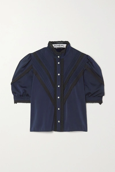 Shop Acheval Pampa + Net Sustain Yegua Pleated Lace-trimmed Stretch-cotton Poplin Blouse In Blue