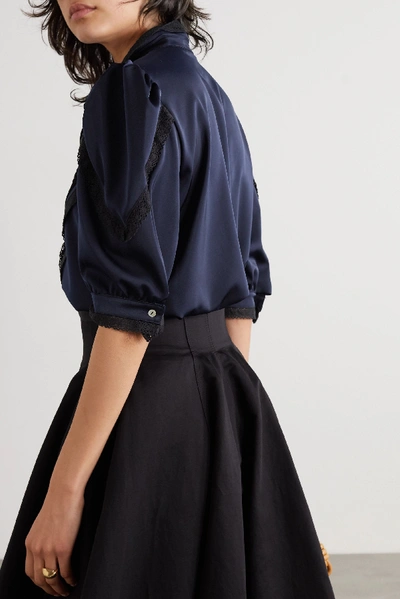Shop Acheval Pampa + Net Sustain Yegua Pleated Lace-trimmed Stretch-cotton Poplin Blouse In Blue