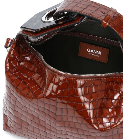 Shop Ganni Croc-effect Leather Crossbody Bag In Brown