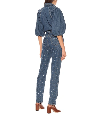 Shop Ganni Embellished High-rise Straight Jeans In Blue