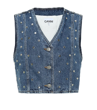 Shop Ganni Embellished Cropped Denim Vest In Blue