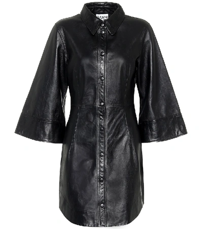 Shop Ganni Leather Mini Shirt Dress In Black