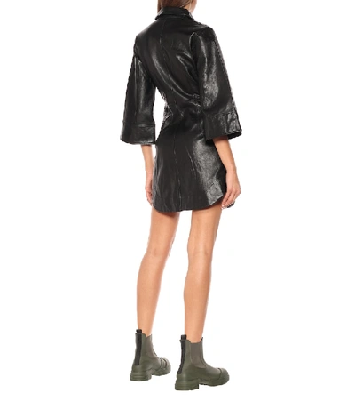 Shop Ganni Leather Mini Shirt Dress In Black