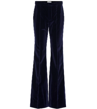 Shop Saint Laurent High-rise Velvet Flared Pants In Blue