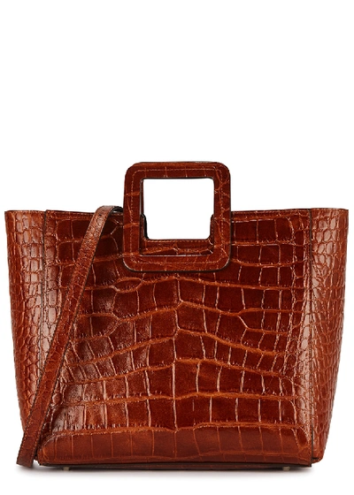 Shop Staud Shirley Brown Crocodile-effect Leather Tote In Dark Brown