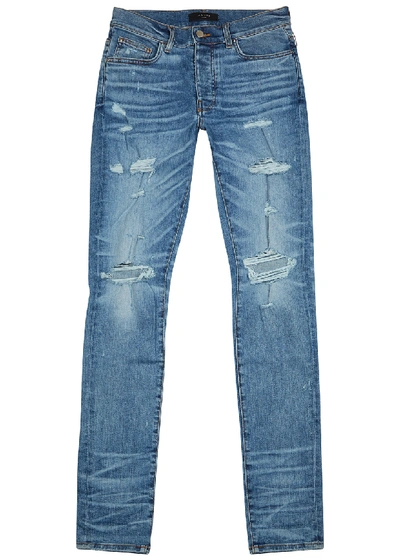 Shop Amiri Thrasher Plus Blue Distressed Skinny Jeans In Denim