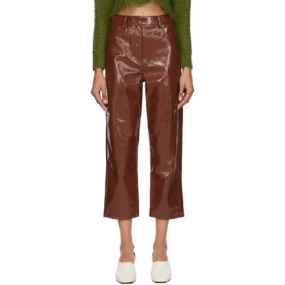 Shop Tibi Burgundy Faux-leather Cropped Carpenter Trousers In Rusty Brown