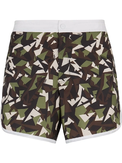 Shop Fendi Bag Bugs Camouflage-print Swim Shorts In Green