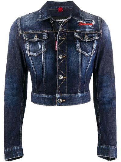 Shop Dsquared2 Cropped Embroidered Denim Jacket In Blue