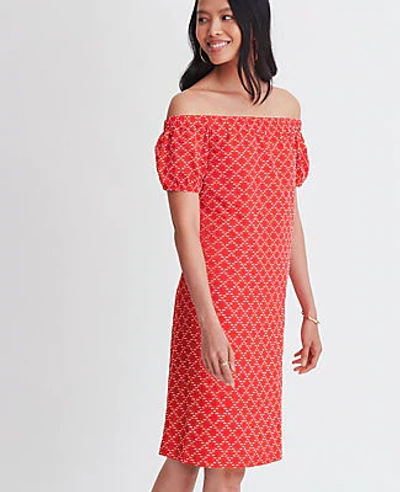 Shop Ann Taylor Petite Geo Clip Off The Shoulder Shift Dress In Red Carnation