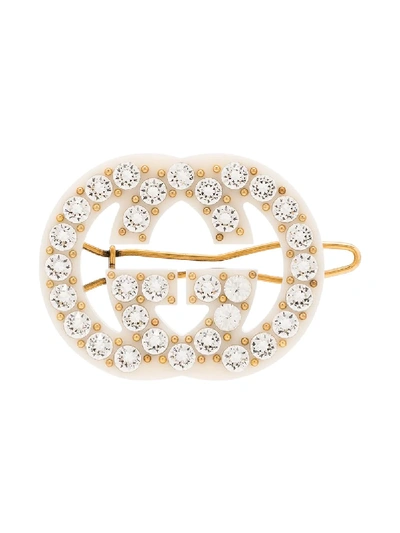Shop Gucci Interlocking G Crystal-embellished Hair Clip In White