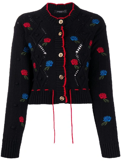 Shop Versace Embroidered Round Neck Cardigan In Black