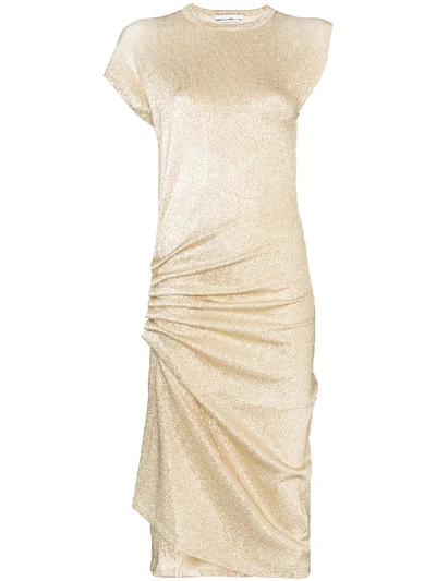 Shop Paco Rabanne Asymmetric Ruched Midi Dress In Gold