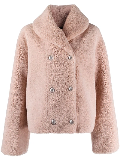Shop Balmain Double-breasted Shearling Jacket In Pink