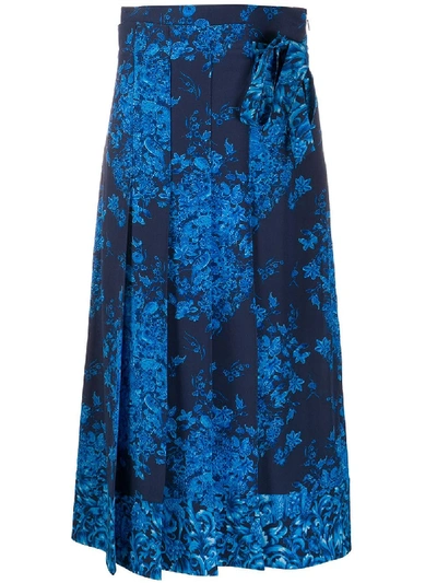 Shop Valentino Floral-print Pleated Skirt In Blue