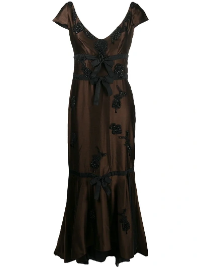 Pre-owned Prada Bead-embellished Sheer Panel Evening Dress In Brown
