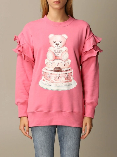 Shop Moschino Couture Sweatshirt With Teddy Cake Print And Rouches In Pink