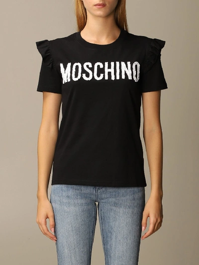 Shop Moschino Couture T-shirt With Sequin And Rouches Logo In Black