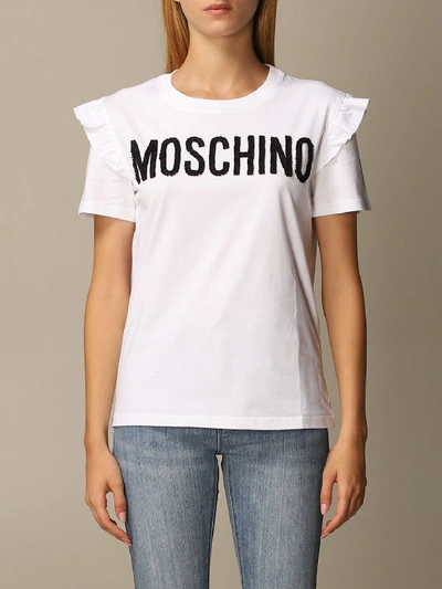 Shop Moschino Couture T-shirt With Sequin And Rouches Logo In White