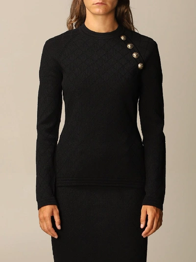 Shop Balmain Top In Diamond-patterned Viscose With Buttons In Black