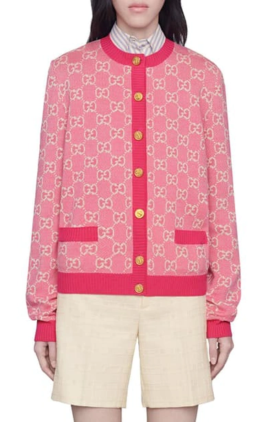 Shop Gucci Gg Logo Jacquard Wool Blend Cardigan In Fuchsia/ White