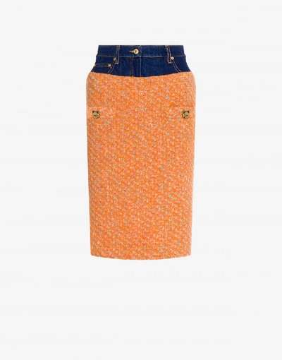 Shop Moschino Bouclé And Denim Mini Skirt In Orange