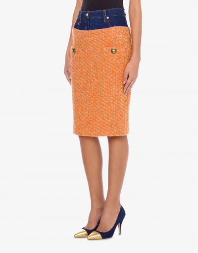 Shop Moschino Bouclé And Denim Mini Skirt In Orange