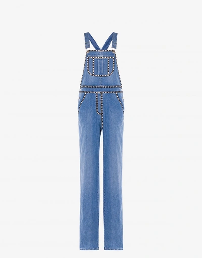 Shop Moschino Crystal Trimming Denim Dungarees In Light Denim