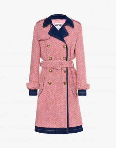 Shop Moschino Bouclé And Denim Coat In Pink