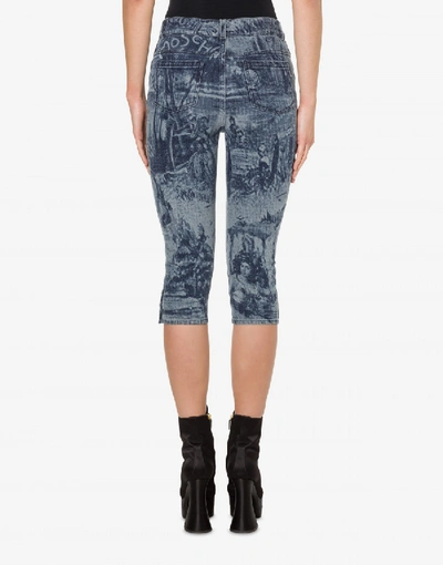 Shop Moschino Cropped Pants In Printed Denim In Blue