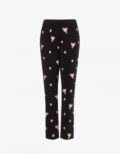 Shop Moschino Crêpe Pants Flowers Embroidery In Black