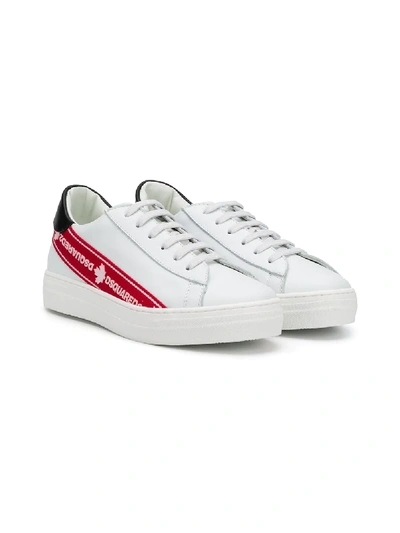 Shop Dsquared2 Teen Logo Stripe Leather Trainers In White