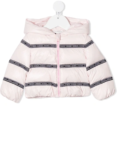 Shop Young Versace Striped Logo Padded Coat In Pink