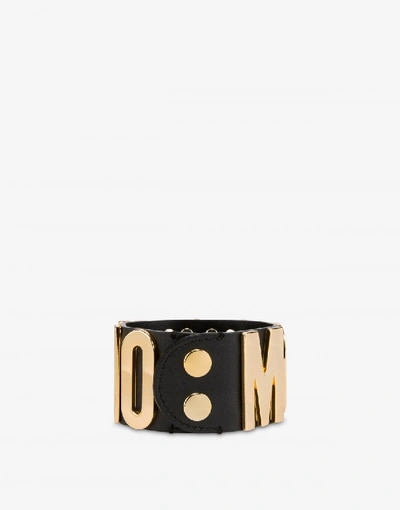 Shop Moschino Calfskin Logo Lettering Bracelet In Black