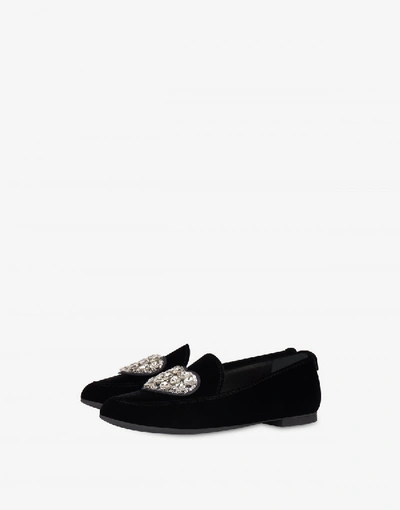 Shop Love Moschino Velvet Loafers Jeweled Heart In Black
