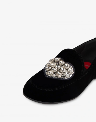 Shop Love Moschino Velvet Loafers Jeweled Heart In Black