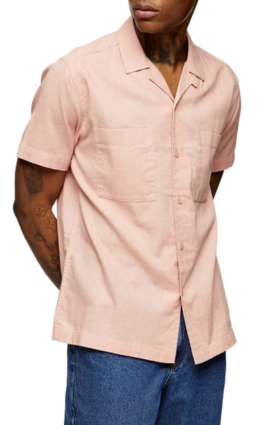 Shop Topman Slub Short Sleeve Button-up Camp Shirt In Washed Pink