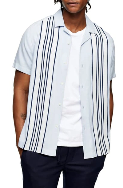 Shop Topman Stripe Short Sleeve Button-up Bowling Shirt In Light Blue