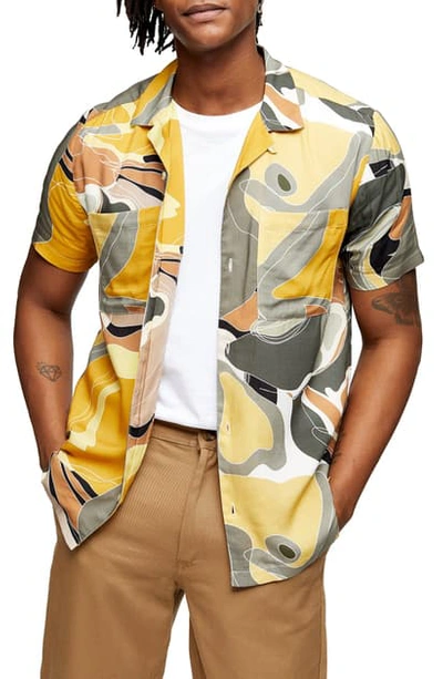 Shop Topman Abstract Print Short Sleeve Button-up Camp Shirt In Yellow Multi