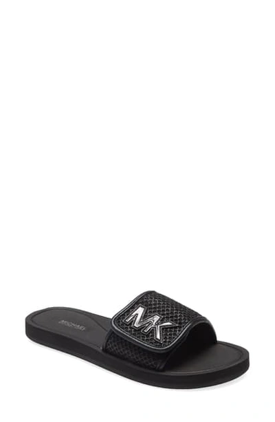 Shop Michael Michael Kors Mk Logo Slide In Black/ Black Glitter