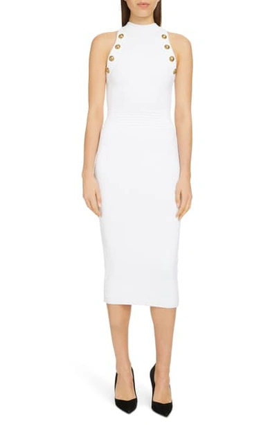 Shop Balmain Button Detail Diamond Knit Body-con Midi Dress In Blanc